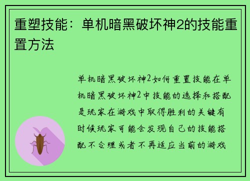重塑技能：单机暗黑破坏神2的技能重置方法